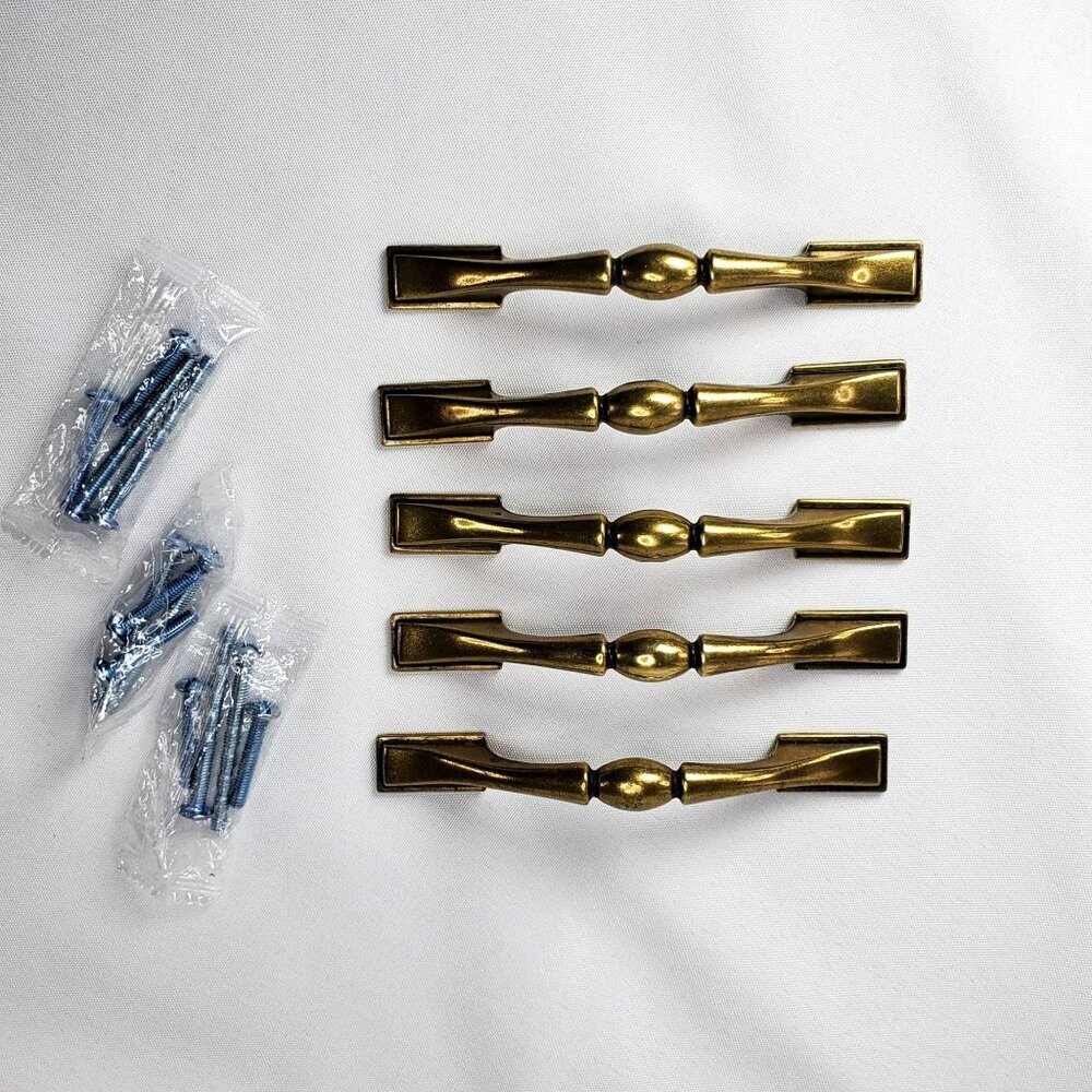 5 Vintage Brass Drawer Pull Handles With Screws Decorative Antique Finish - Picture 7 of 7